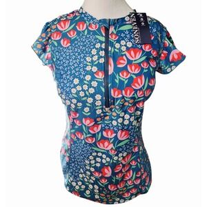 NWT Soneven Women's Medium Short Sleeve Floral Cycling Jersey Blue Pink‎ Zip